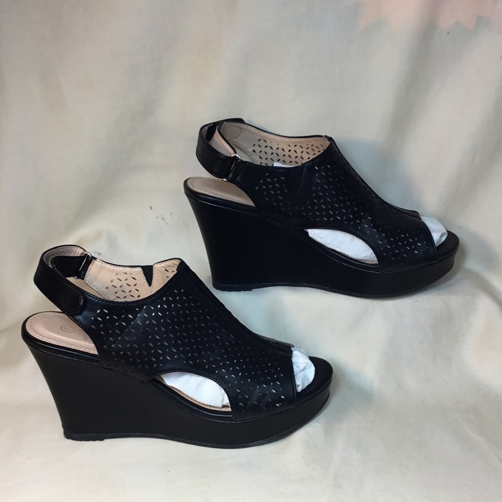 Trary Black Laser-Cut Peep-Toe Wedge Sandals